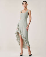 Green Ruffle Slit Slip Maxi Dress - Threadford