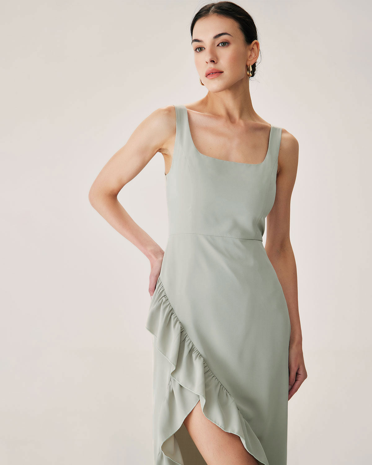 Green Ruffle Slit Slip Maxi Dress - Threadford
