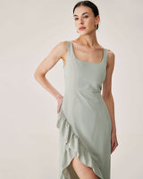 Green Ruffle Slit Slip Maxi Dress - Threadford