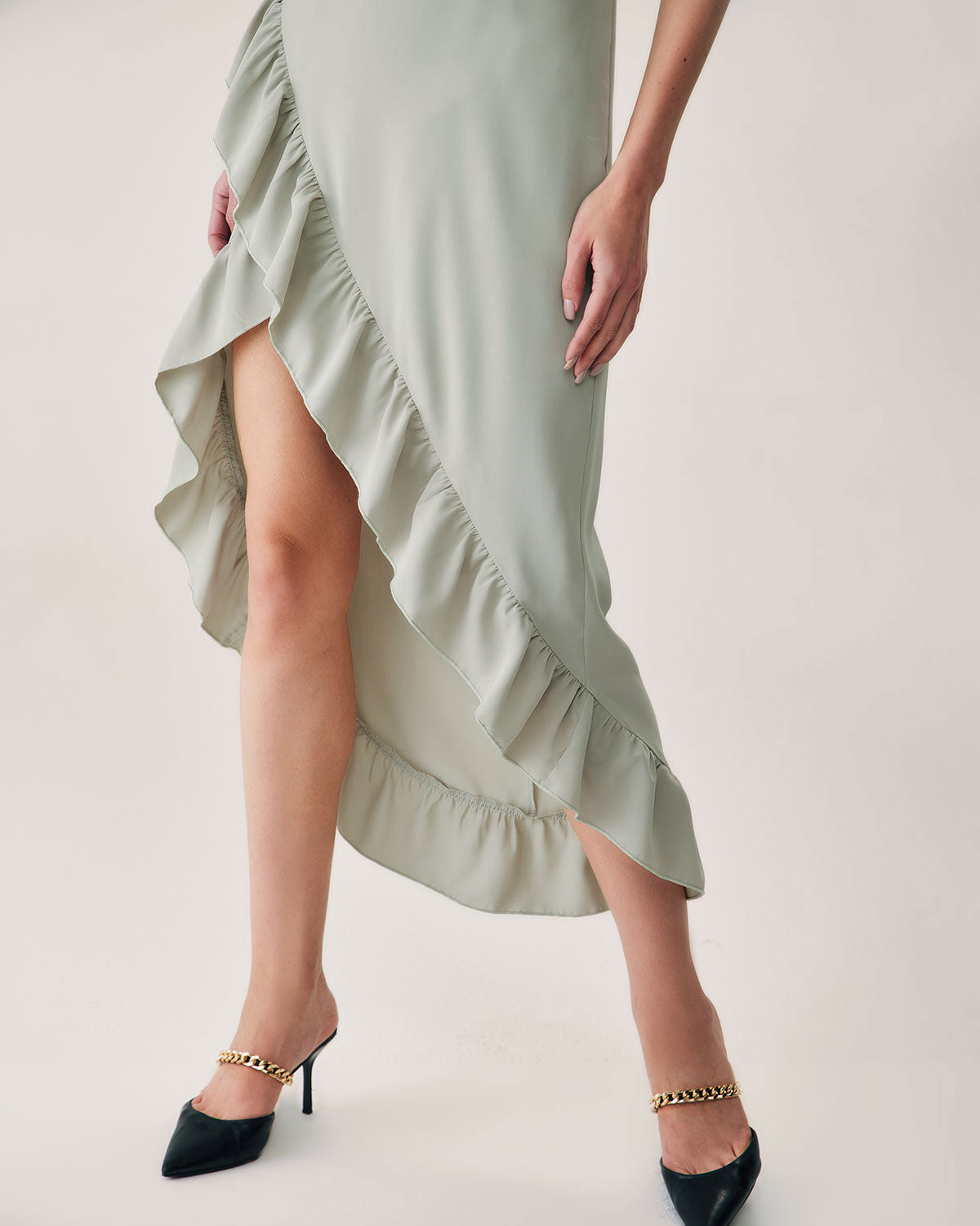 Green Ruffle Slit Slip Maxi Dress - Threadford
