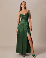 The Green Cowl Neck Jacquard Satin Maxi Dress - Threadford