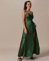 The Green Cowl Neck Jacquard Satin Maxi Dress - Threadford