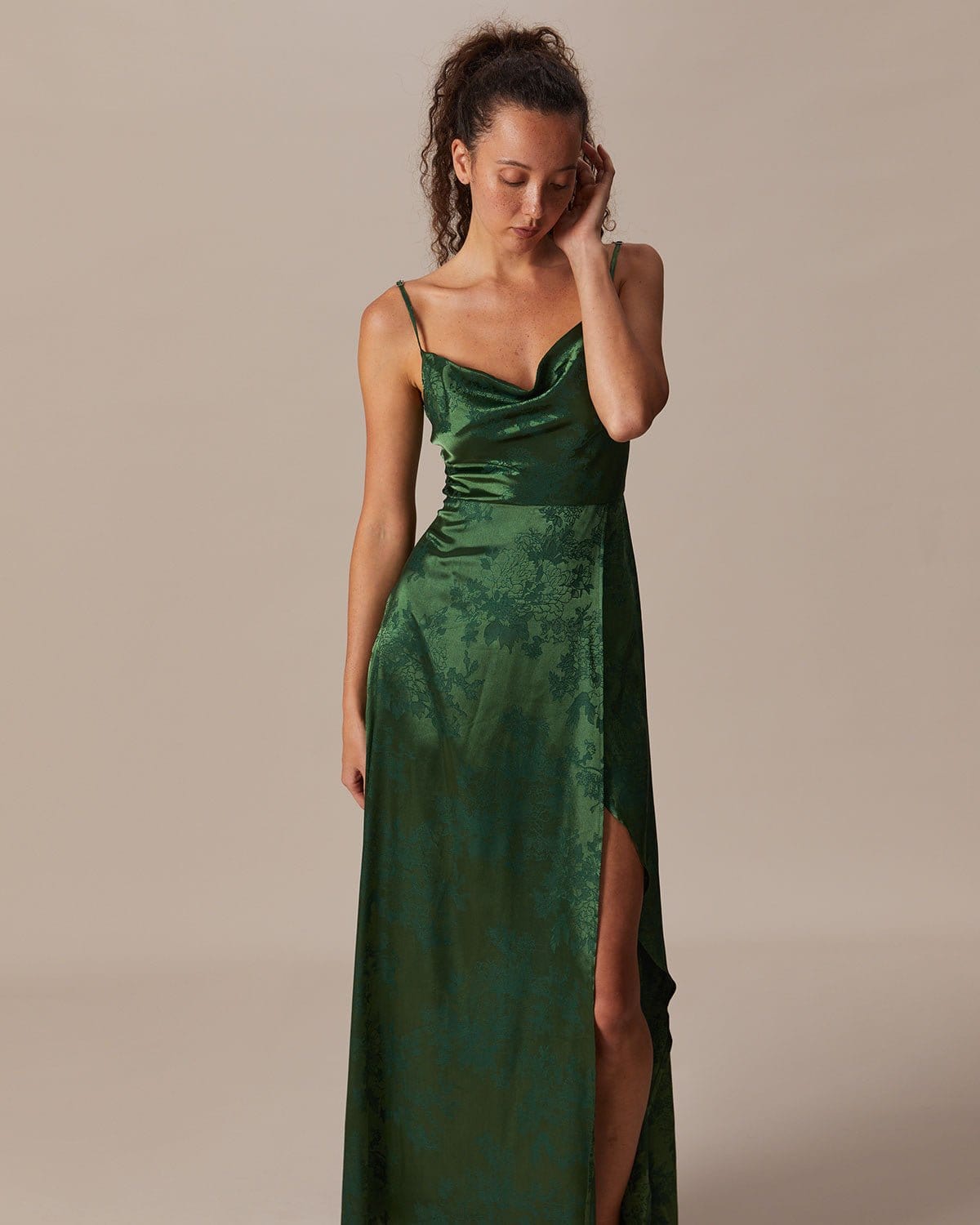 The Green Cowl Neck Jacquard Satin Maxi Dress - Threadford