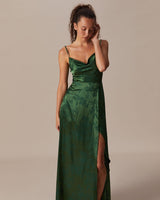 The Green Cowl Neck Jacquard Satin Maxi Dress - Threadford