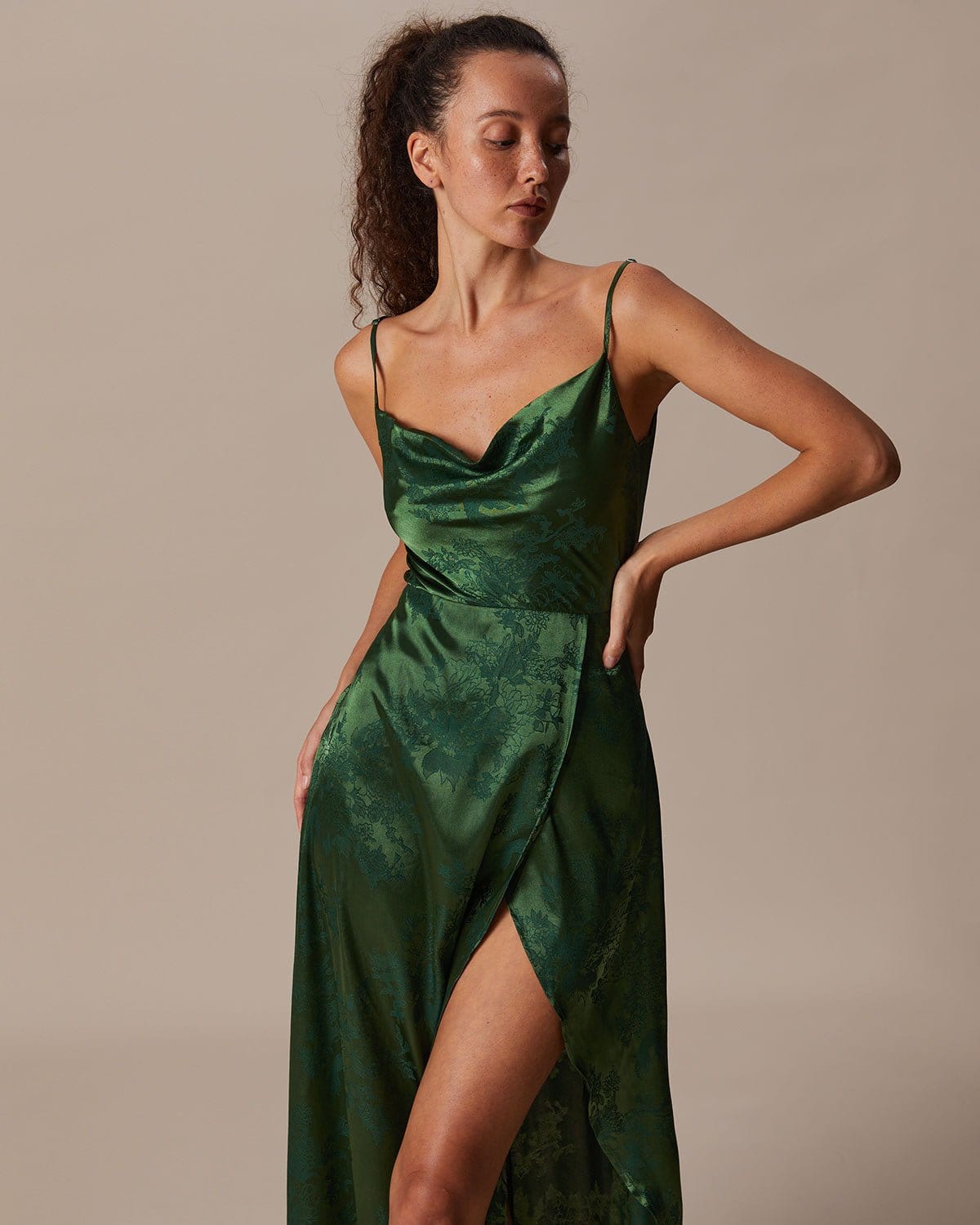 The Green Cowl Neck Jacquard Satin Maxi Dress - Threadford