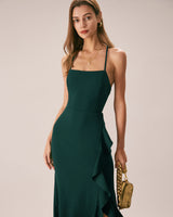 The Green Ruffle Cross Back Strap Maxi Dress - Threadford