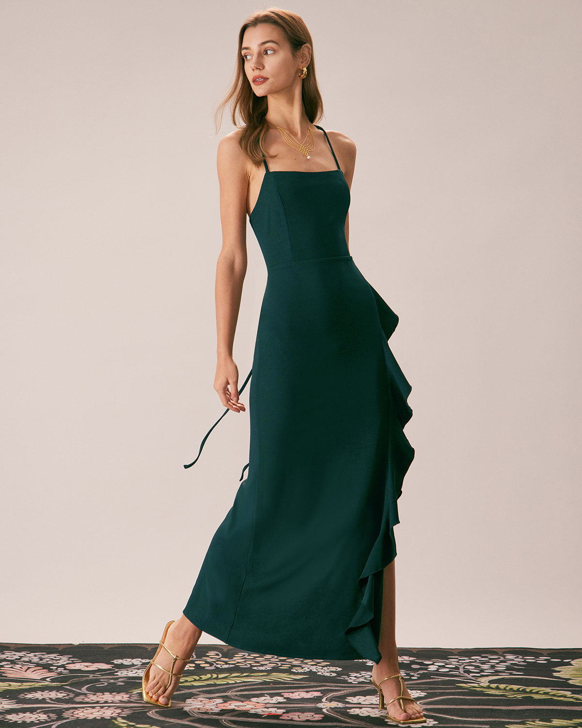 The Green Ruffle Cross Back Strap Maxi Dress - Threadford