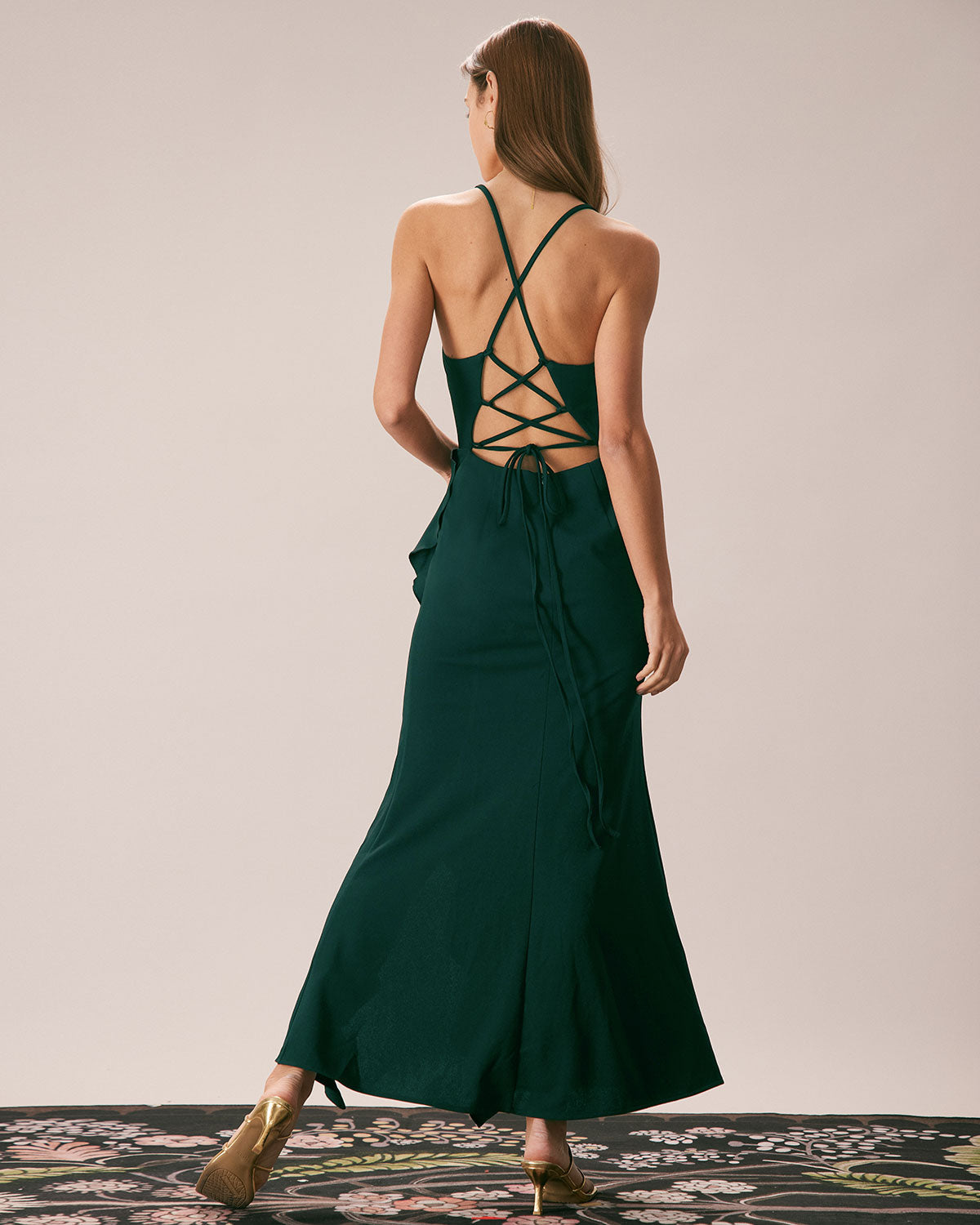 The Green Ruffle Cross Back Strap Maxi Dress - Threadford