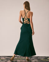 The Green Ruffle Cross Back Strap Maxi Dress - Threadford