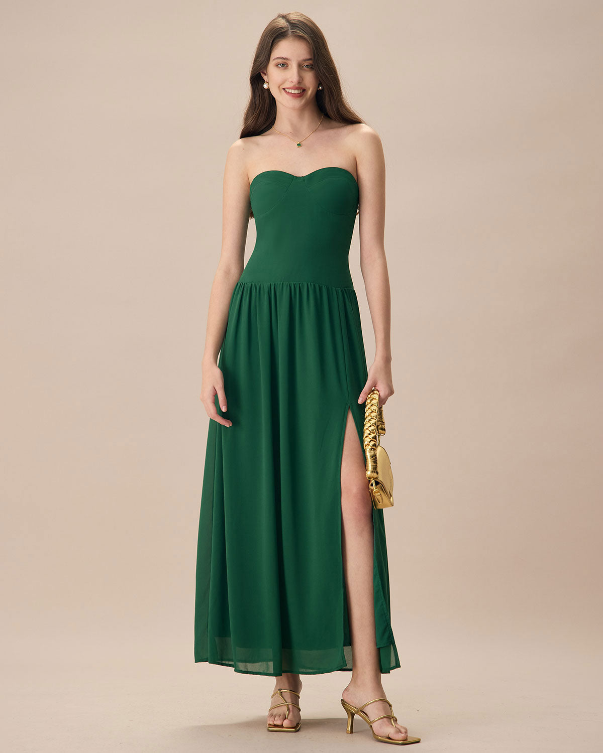 The Green Sweetheart Neck Ruched Maxi Dress - Threadford
