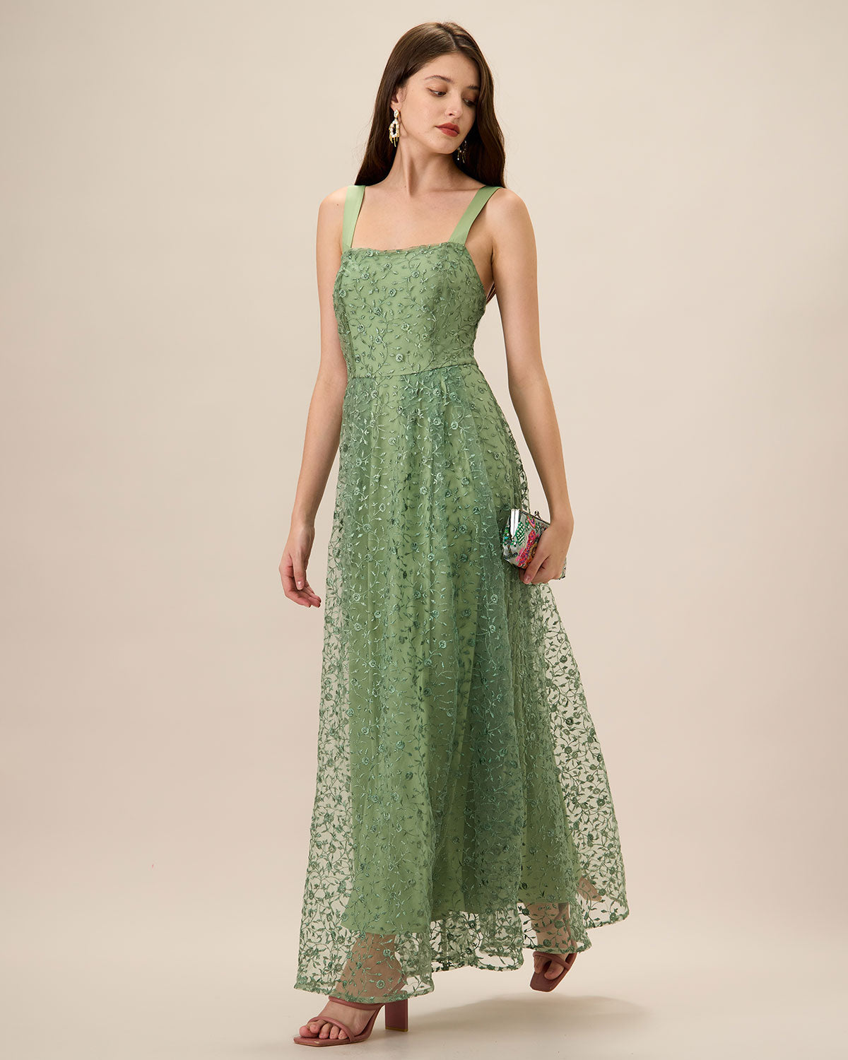 Women's Green Embroidery Mesh Slip Maxi Dress - Threadford