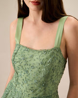 Women's Green Embroidery Mesh Slip Maxi Dress - Threadford