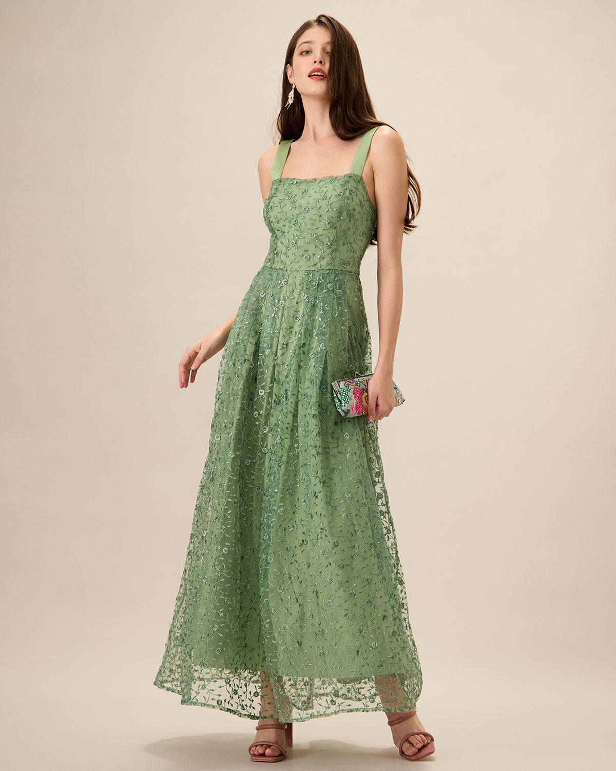 Women's Green Embroidery Mesh Slip Maxi Dress - Threadford