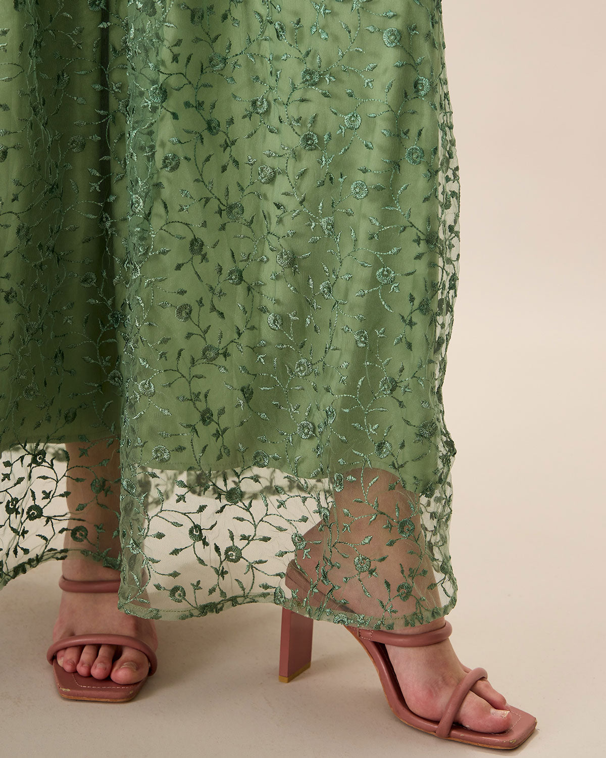 Women's Green Embroidery Mesh Slip Maxi Dress - Threadford