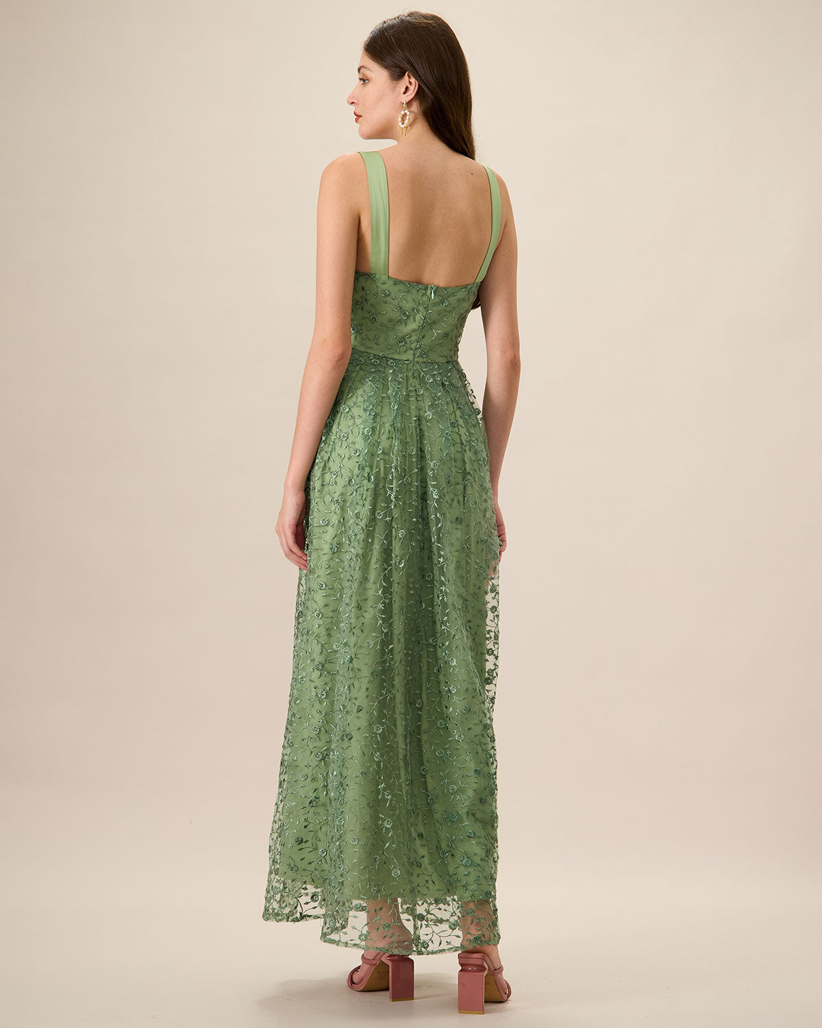 Women's Green Embroidery Mesh Slip Maxi Dress - Threadford