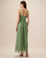Women's Green Embroidery Mesh Slip Maxi Dress - Threadford