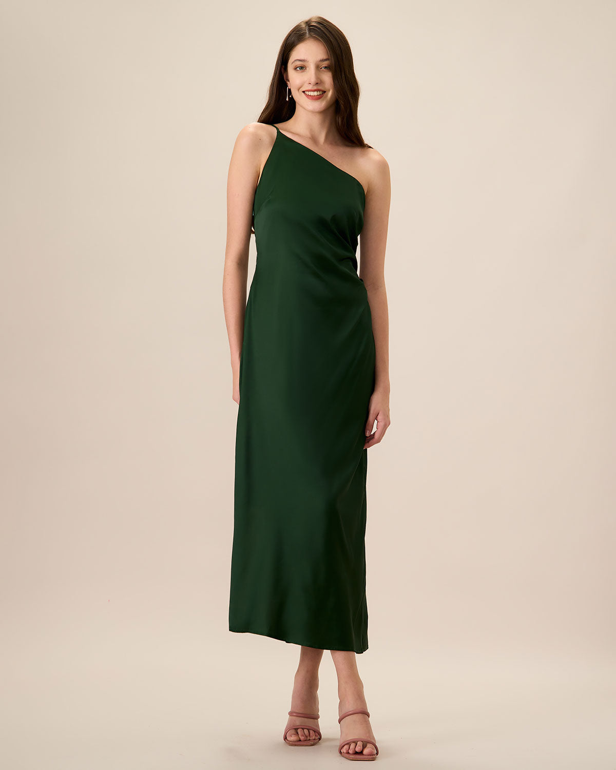 Women's Green One-shoulder Satin Maxi Dress - Threadford