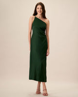 Women's Green One-shoulder Satin Maxi Dress - Threadford