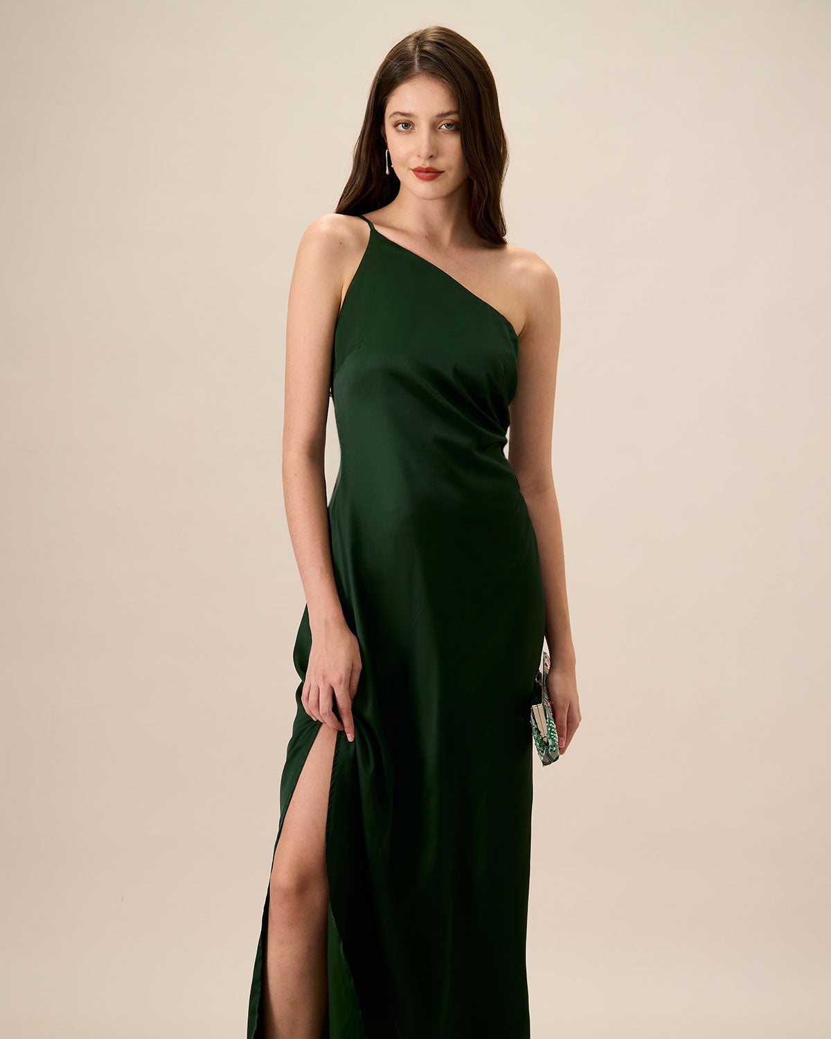 Women's Green One-shoulder Satin Maxi Dress - Threadford