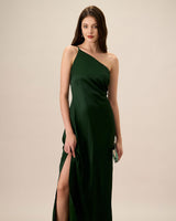 Women's Green One-shoulder Satin Maxi Dress - Threadford