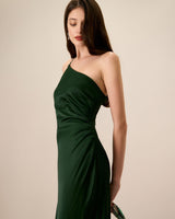 Women's Green One-shoulder Satin Maxi Dress - Threadford