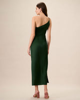 Women's Green One-shoulder Satin Maxi Dress - Threadford