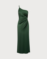 Women's Green One-shoulder Satin Maxi Dress - Threadford