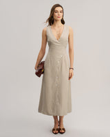 Khaki Striped V-Neck Sleeveless Maxi Dress - Threadford