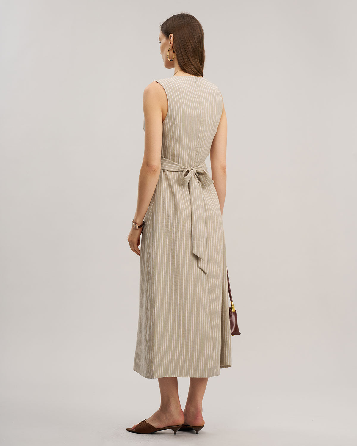 Khaki Striped V-Neck Sleeveless Maxi Dress - Threadford