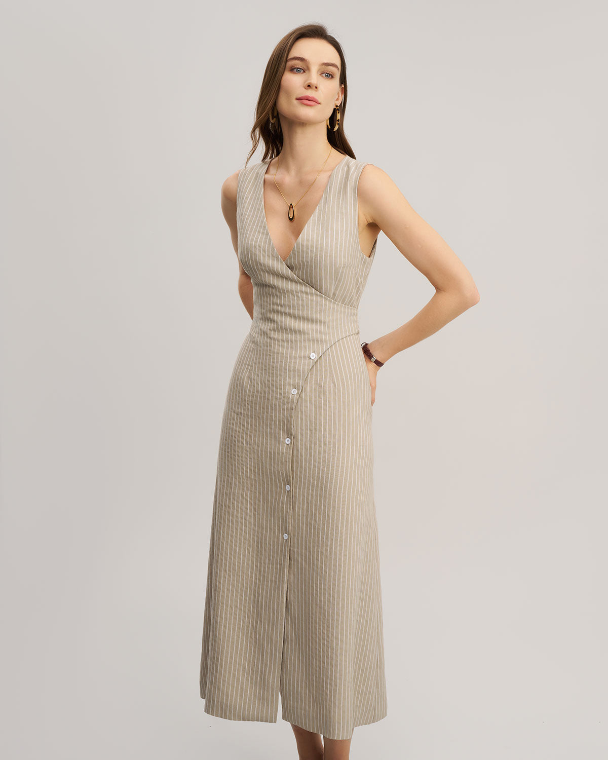 Khaki Striped V-Neck Sleeveless Maxi Dress - Threadford