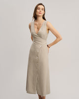 Khaki Striped V-Neck Sleeveless Maxi Dress - Threadford