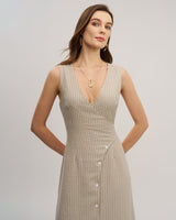 Khaki Striped V-Neck Sleeveless Maxi Dress - Threadford
