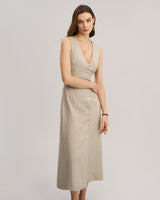 Khaki Striped V-Neck Sleeveless Maxi Dress - Threadford