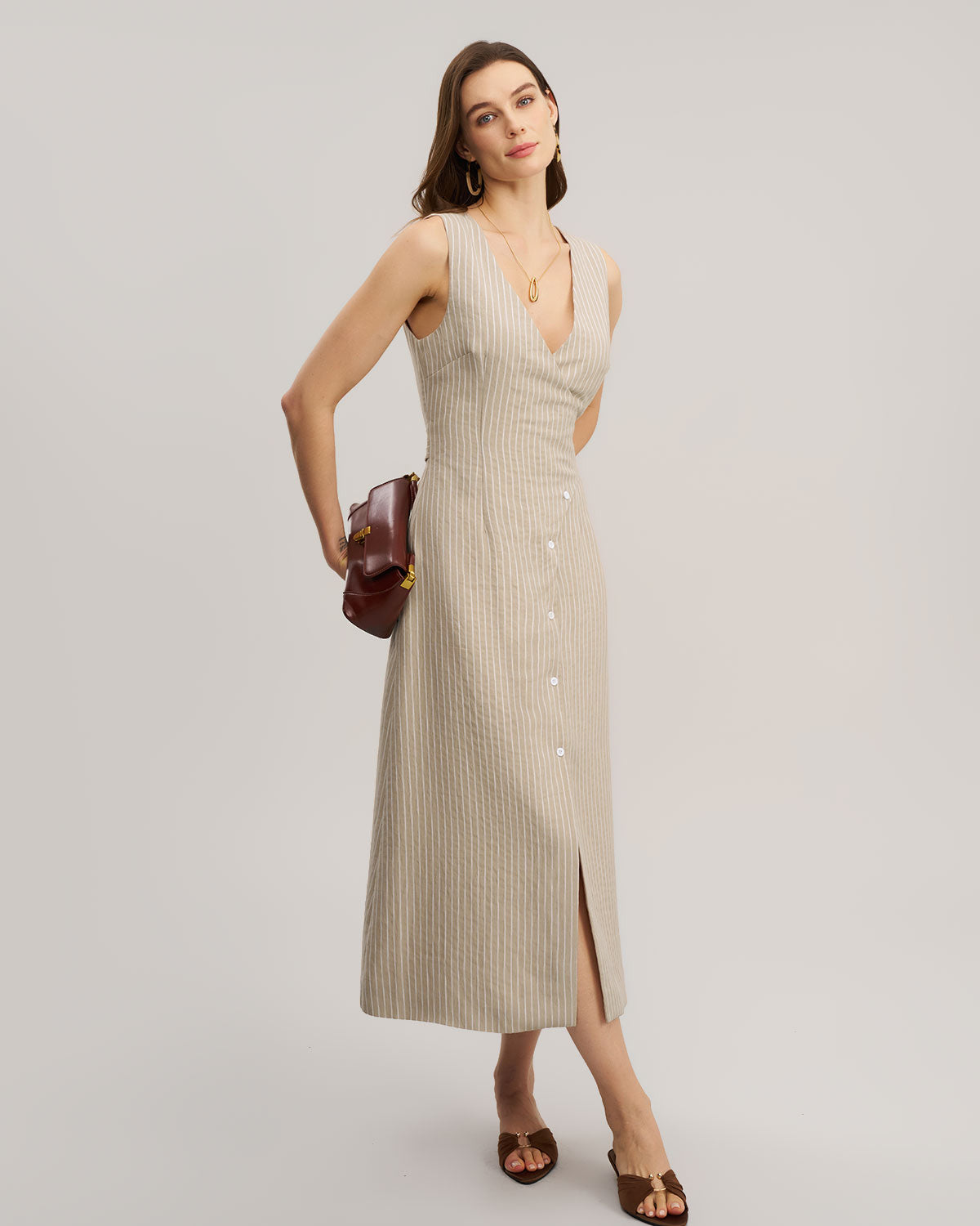 Khaki Striped V-Neck Sleeveless Maxi Dress - Threadford