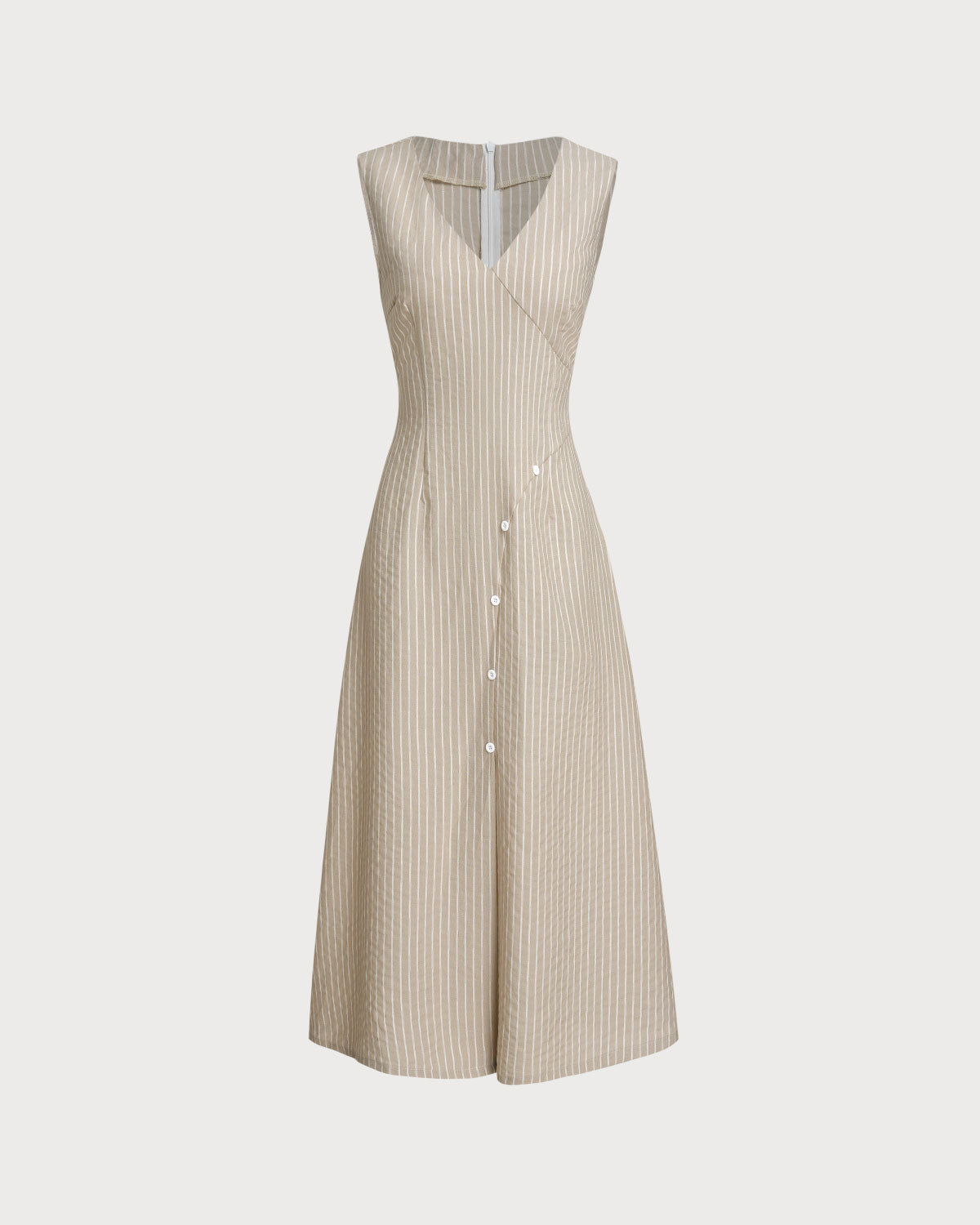 Khaki Striped V-Neck Sleeveless Maxi Dress - Threadford