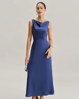 Navy Cowl Neck Satin Sleeveless Maxi Dress - Threadford