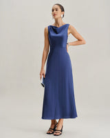 Navy Cowl Neck Satin Sleeveless Maxi Dress - Threadford