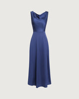 Navy Cowl Neck Satin Sleeveless Maxi Dress - Threadford