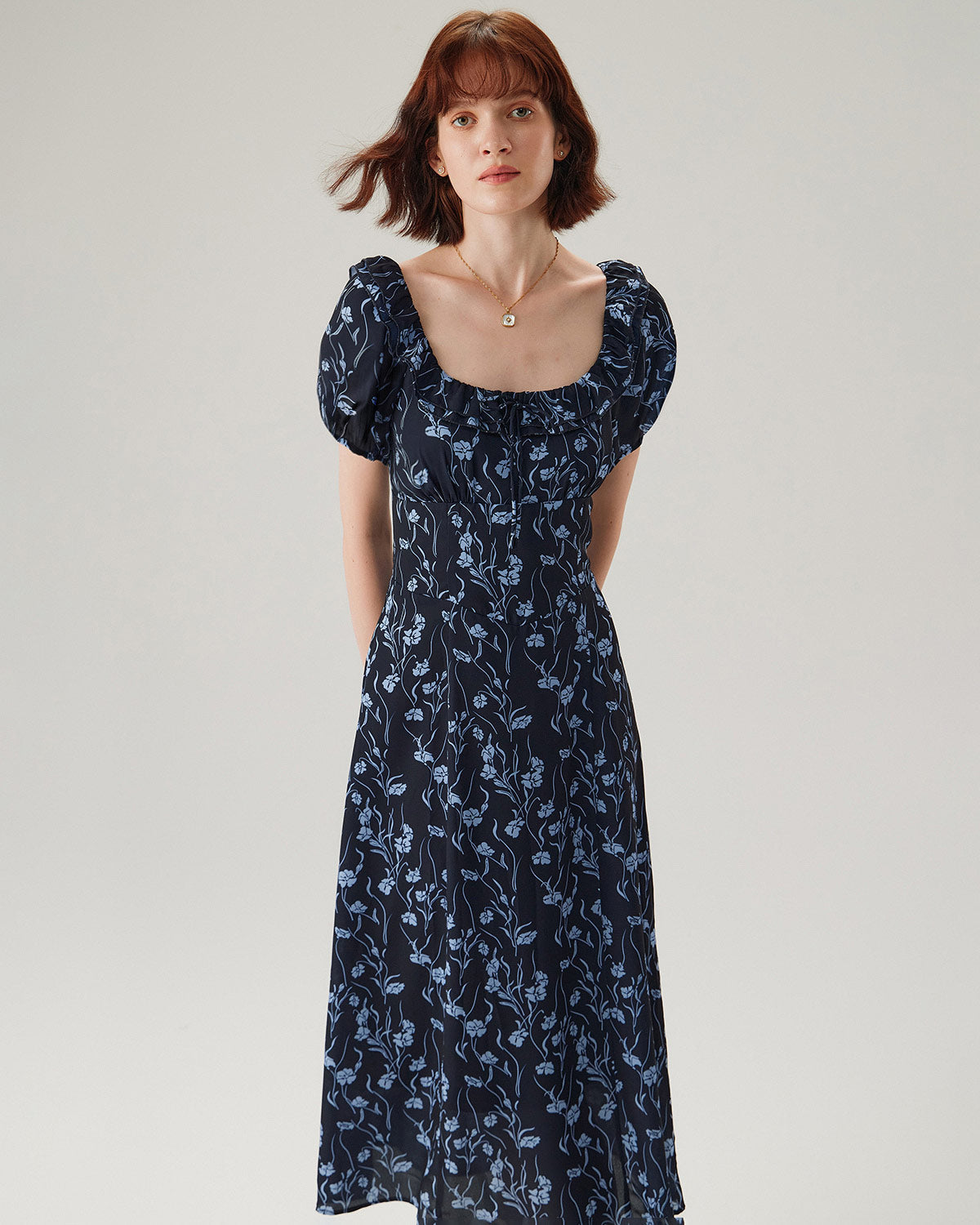 Navy Floral U-Neck Puffed-Sleeve Maxi Dress - Threadford