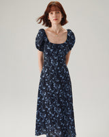 Navy Floral U-Neck Puffed-Sleeve Maxi Dress - Threadford