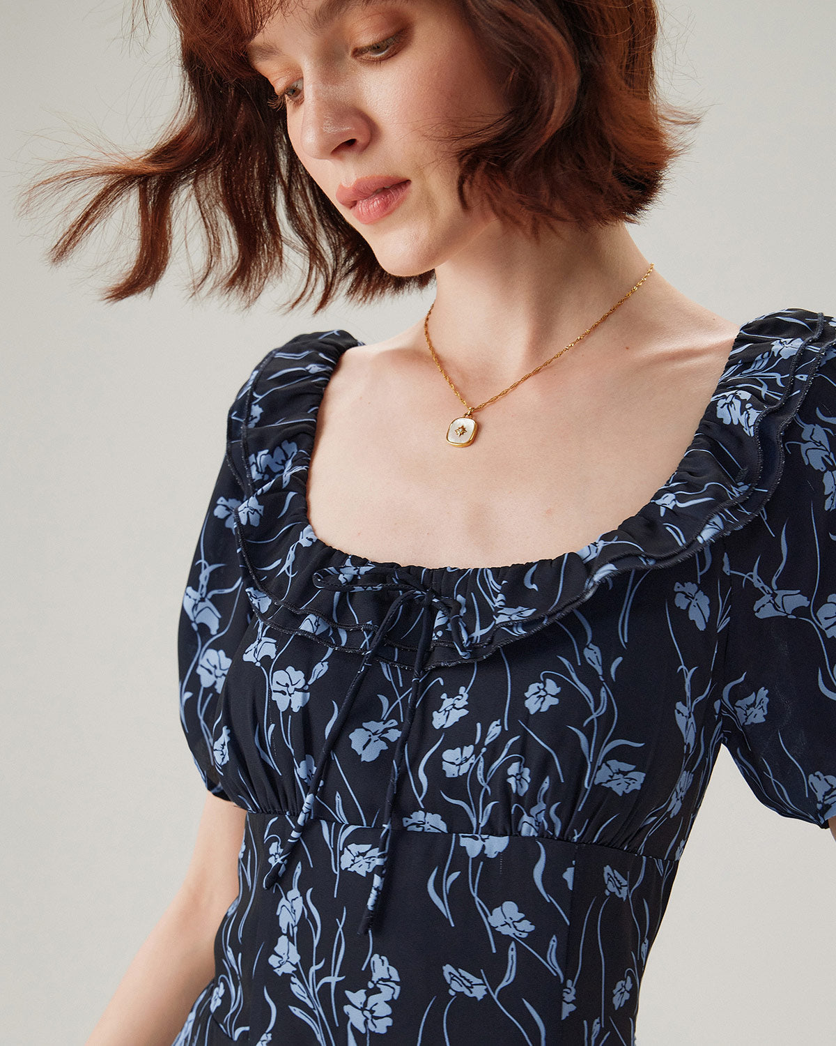 Navy Floral U-Neck Puffed-Sleeve Maxi Dress - Threadford