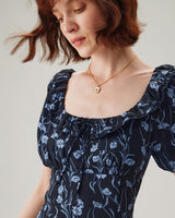 Navy Floral U-Neck Puffed-Sleeve Maxi Dress - Threadford