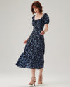 Navy Floral U-Neck Puffed-Sleeve Maxi Dress - Threadford