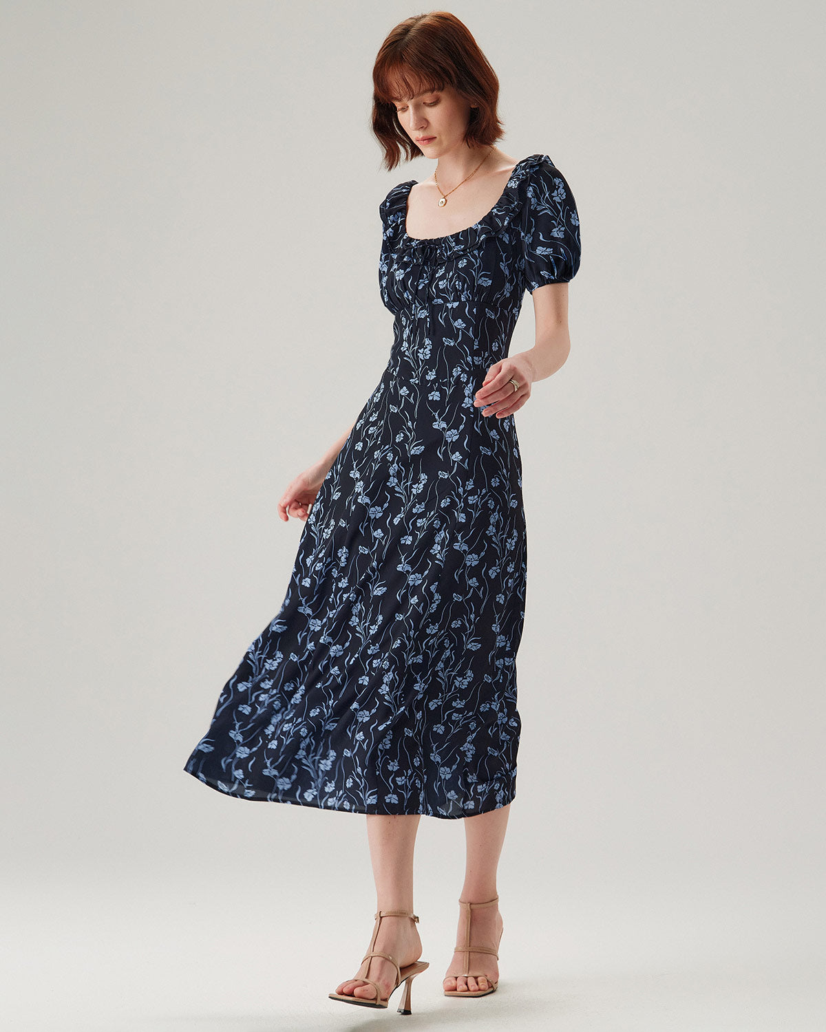 Navy Floral U-Neck Puffed-Sleeve Maxi Dress - Threadford