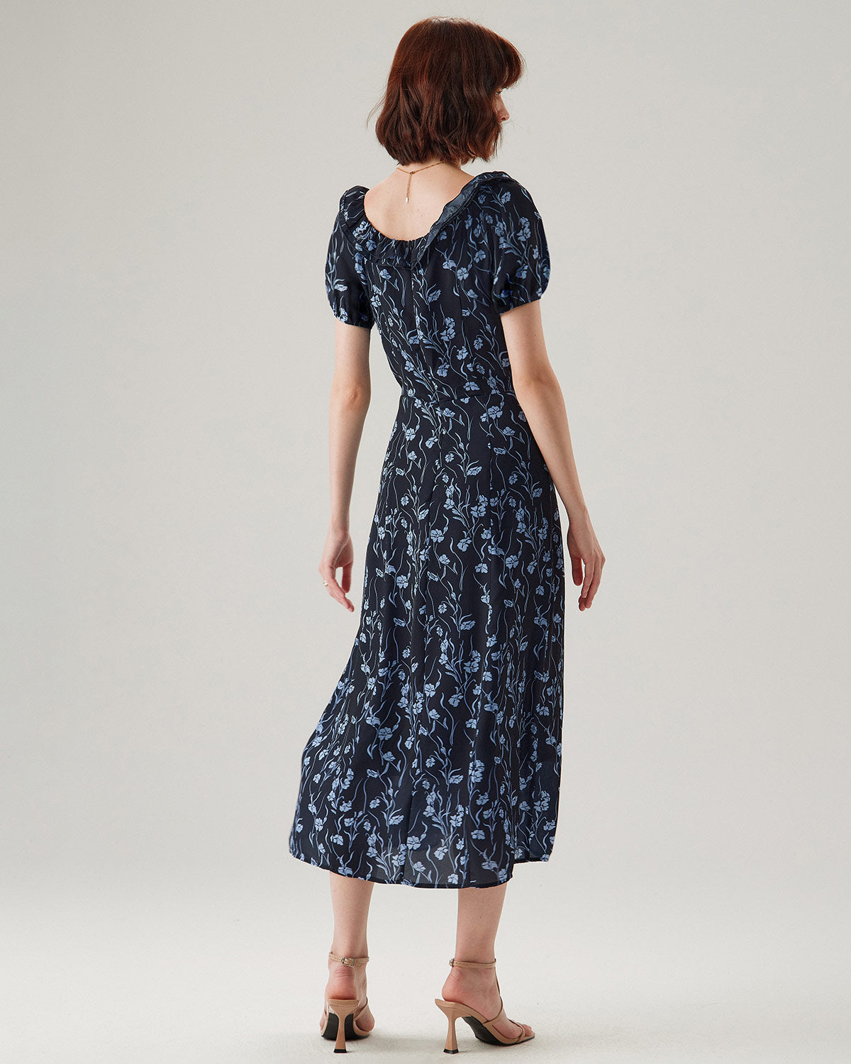 Navy Floral U-Neck Puffed-Sleeve Maxi Dress - Threadford