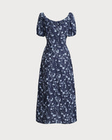 Navy Floral U-Neck Puffed-Sleeve Maxi Dress - Threadford