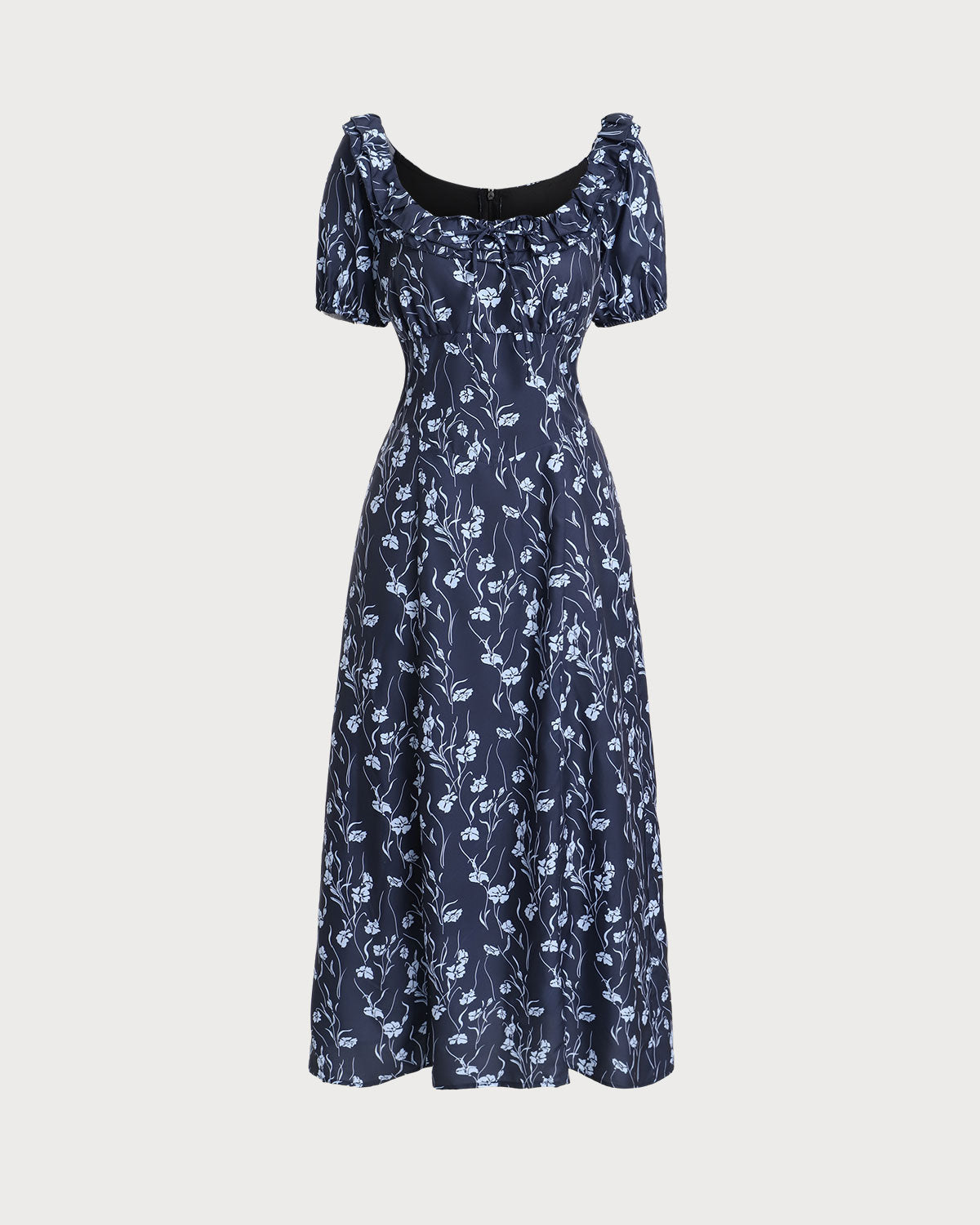 Navy Floral U-Neck Puffed-Sleeve Maxi Dress - Threadford