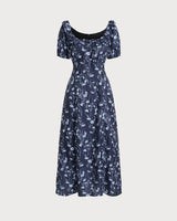 Navy Floral U-Neck Puffed-Sleeve Maxi Dress - Threadford