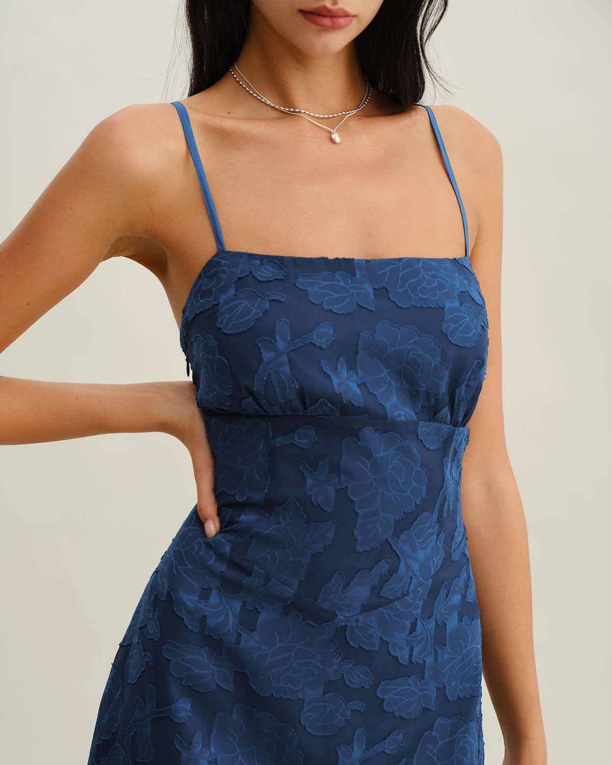 Navy Jacquard Slip Backless Maxi Dress - Threadford