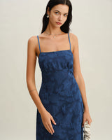 Navy Jacquard Slip Backless Maxi Dress - Threadford
